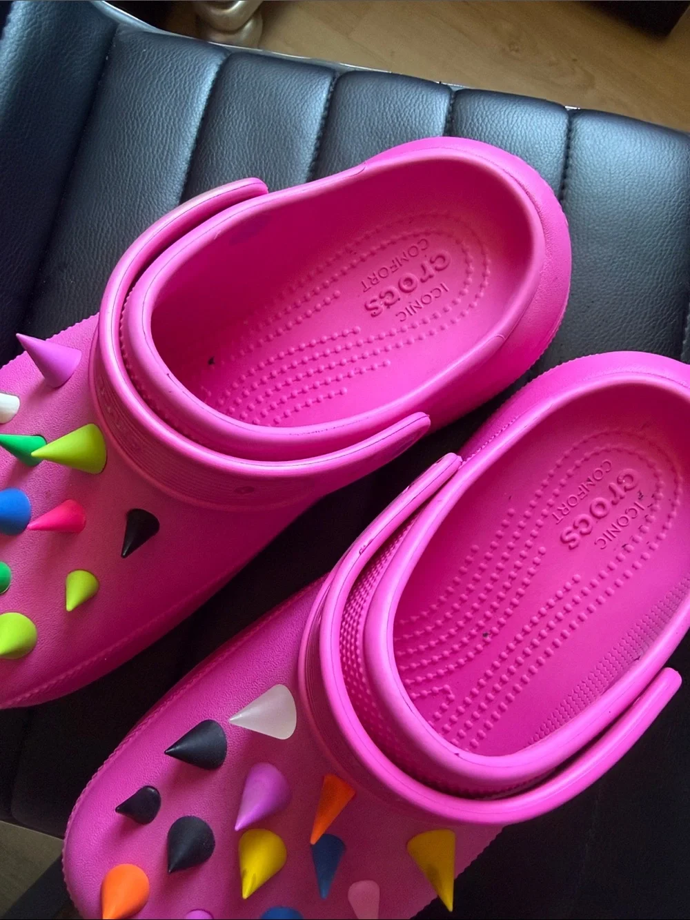 Bright Pink CROCS Sandals with Colorful Studs
